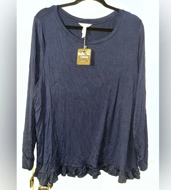 Matilda Jane NWT Top Womens XXL Navy Blue Long Sleeve Ruffle Hem Stretch Casual - Image 3