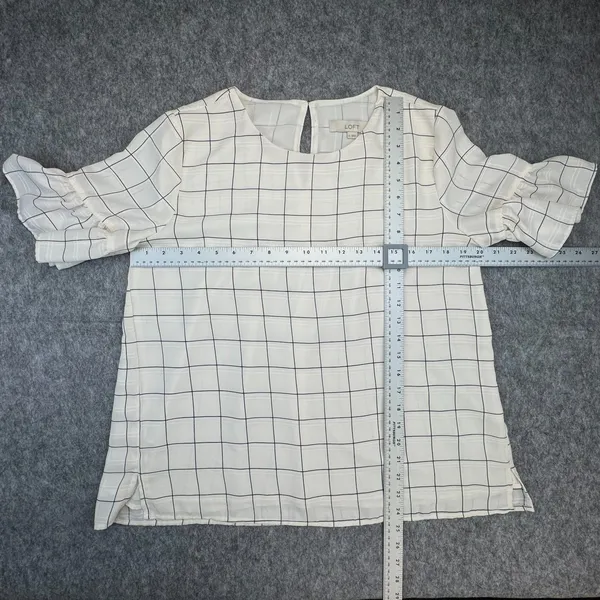 LOFT Top Sz M Ivory Plaid Round Neck Short Sleeve Keyhole Back Peplum Lined - Image 7