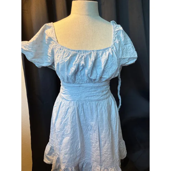 Sincerely Jules Light Blue Eyelet Mini Dress Puff Sleeve Tie Back‎ Smocked Waist - Image 6