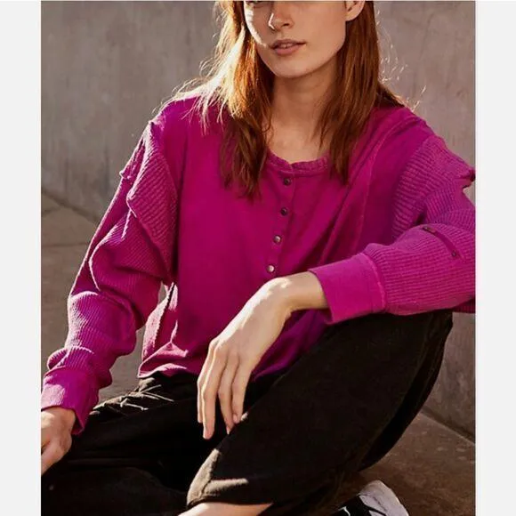 NEW Free People FP Movement Back to Me purple Snap Pullover Crop Henley‎ - Image 2