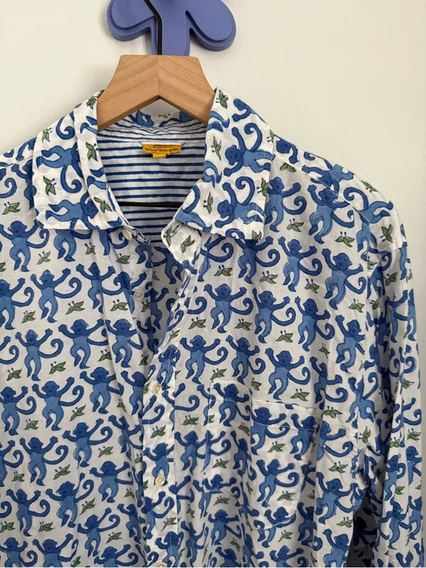 Roller Rabbit XL PJ Monkey Button Up Long Sleeve Shirt Blue Cotton Lounge White - Image 5