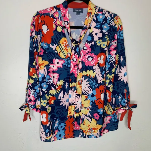 Modcloth Bright Floral Tie Neck Blouse Sz Medium - Image 5