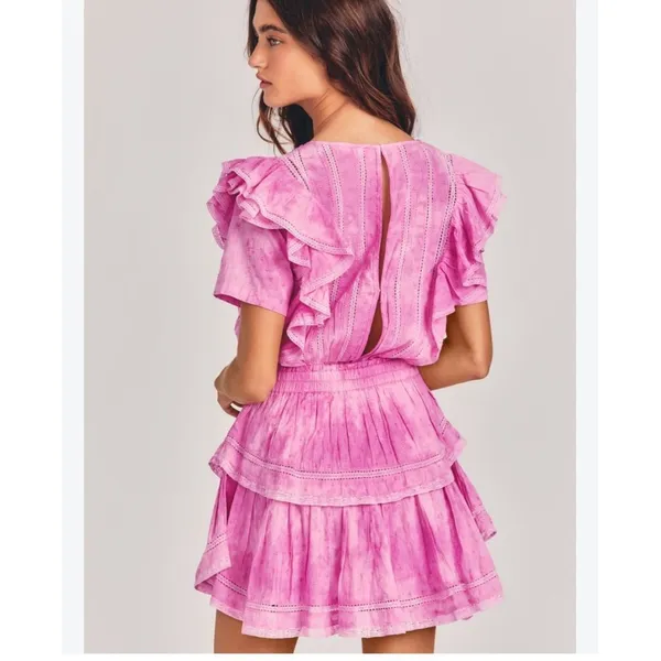 LoveShackFancy Natasha Mini Dress Begonia Hand Dye Pink Ruffle Lace Size M - Image 2