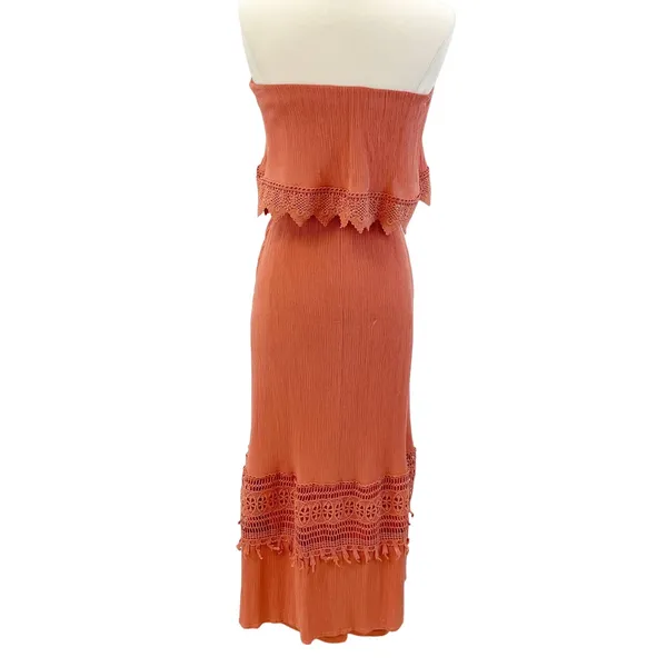 Daytrip Womens XS Strapless Crochet Maxi‎ Dress Rust Orange Gauzy Bohemian Beach - Image 3