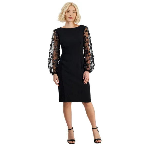 Connected Apparel Petite Long Sheer-Sleeve Applique Dress TLB37170P1 Black 4P - Image 6