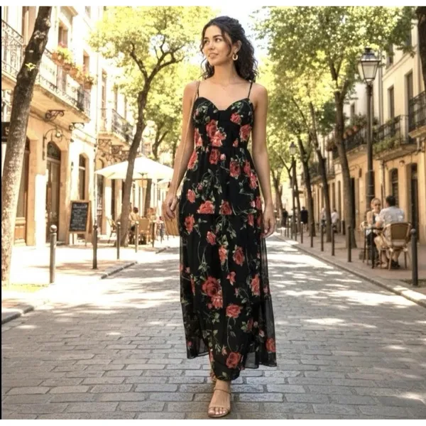 Crystal Doll Dress Juniors 1 Black Floral Chiffon Maxi Sundress Layered Summer - Image 14