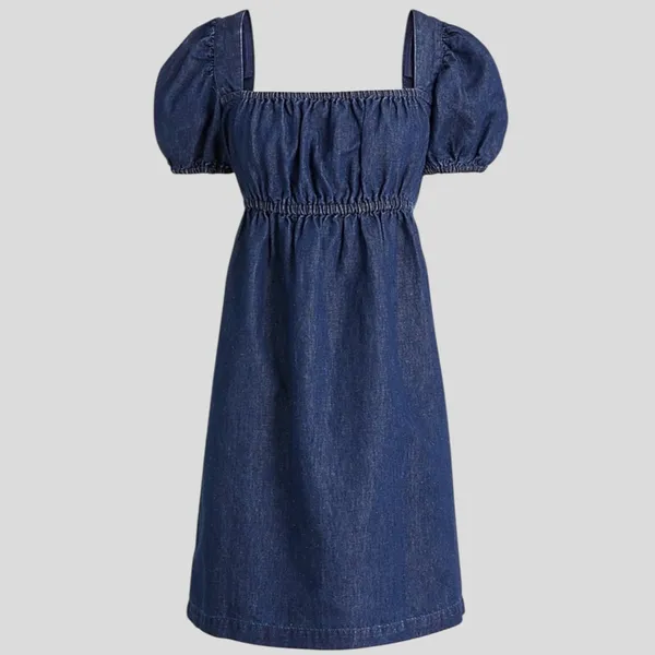 EUC J. Crew Linen Blend Denim Square Neck Puff Sleeve Dress Size 00 - Image 3