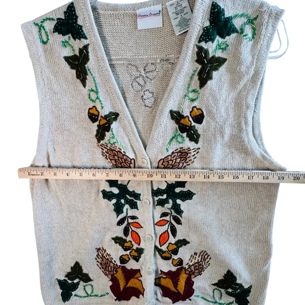 Vtg Bobbie Brooks Sweater Vest Embroidered Fall Harvest Acorn Nature Ramie Tan L - Image 5