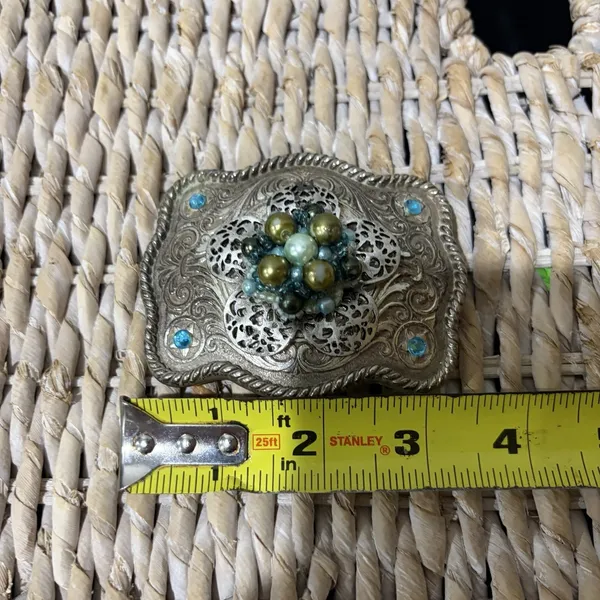 silver belt buckle western Wavy Rectangular Blue Gold Beaded Jeweled Cowboy‎ - Image 4