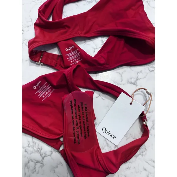 New Quince Cherry Red Italian Plunge Bikini Top & High-Leg Ring Bikini Bottom XS - Image 3