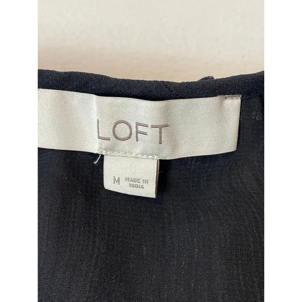 Loft Black Pleated Chiffon Long Sleeve Sheer Sleeve Ruffle Neck Blouse Size M - Image 2