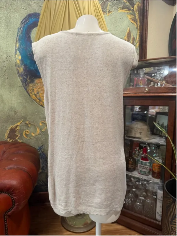 Theo Miles Vintage Beaded Sweater Vest Missy Medium Linen Blend Oatmeal Boho Cre - Image 5