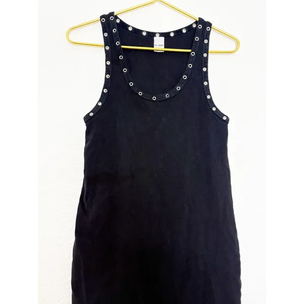 Re/Done Eyelet-Embellished Mini Dress Size Large Black Ribbed Grommet Grunge - Image 9