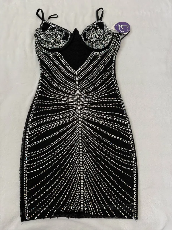 Windsor Rhinestone Bodycon Mini Dress NWT Black Glam Party Size S - Image 2