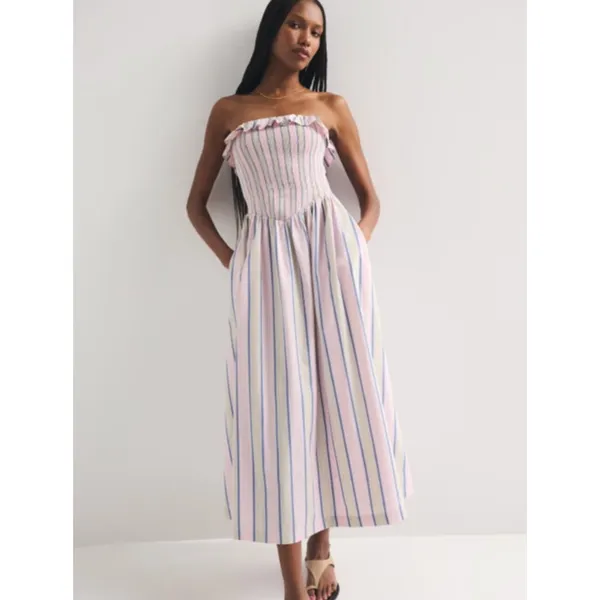 ABERCROMBIE & FITCH Sydney Smocked Strapless Midi Dress Purple Stripe Size XXS - Image 3