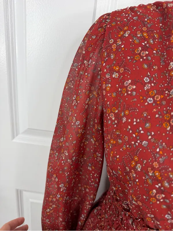 Max Studio Floral Smocked Waist Mini Dress Size S Rust Red Boho Fall - Image 6