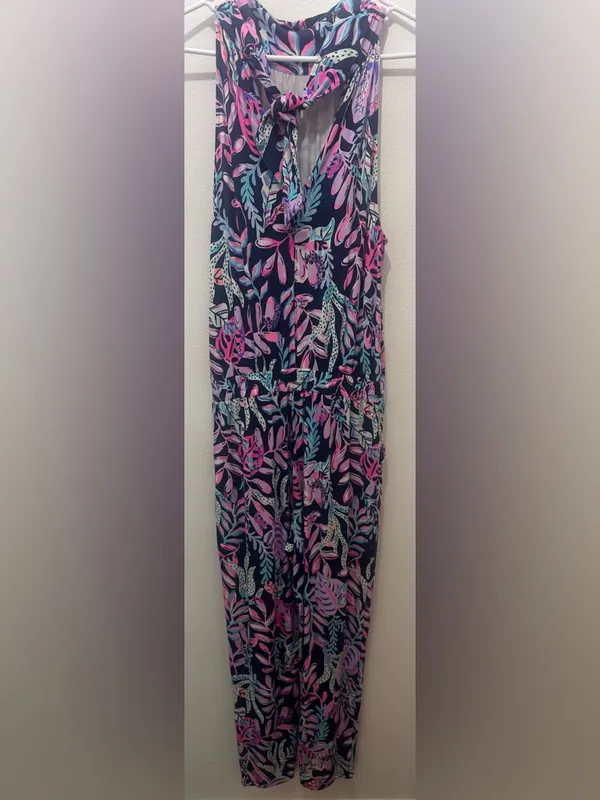 Lilly Pulitzer Navy Tropical-Print Halter Jumpsuit with Pink Accents - Image 6