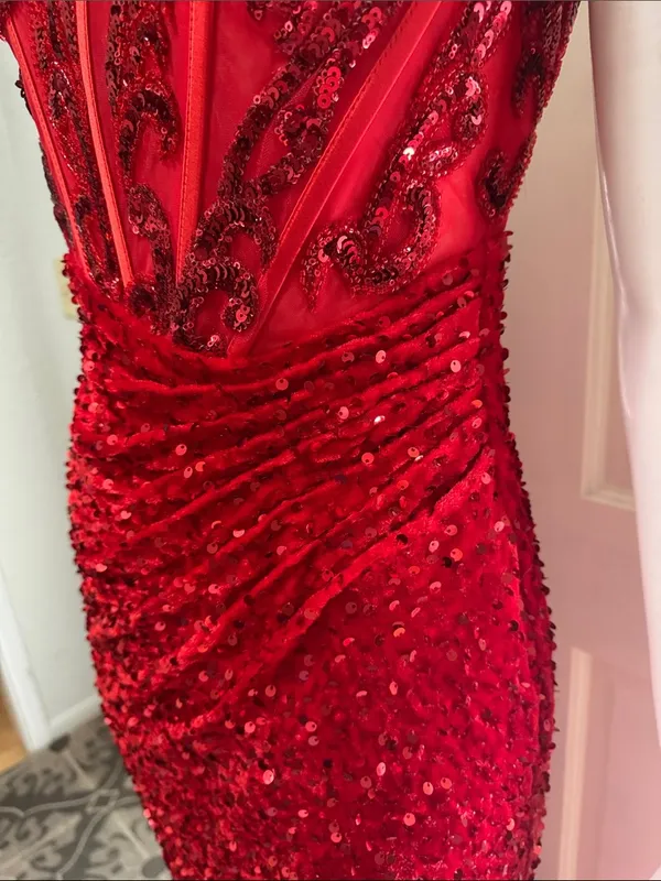 Unbranded Off shoulder Beaded Corset Slit Red Sequin Ruched Evening Gown Sz 6 A - Image 7