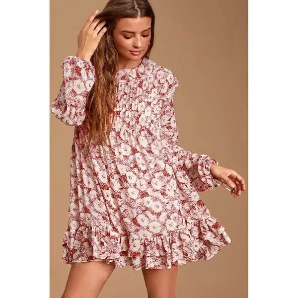 Free People Mini Dress These Dreams L Red Tea Floral Pleated Ruffle Cottagecore - Image 2