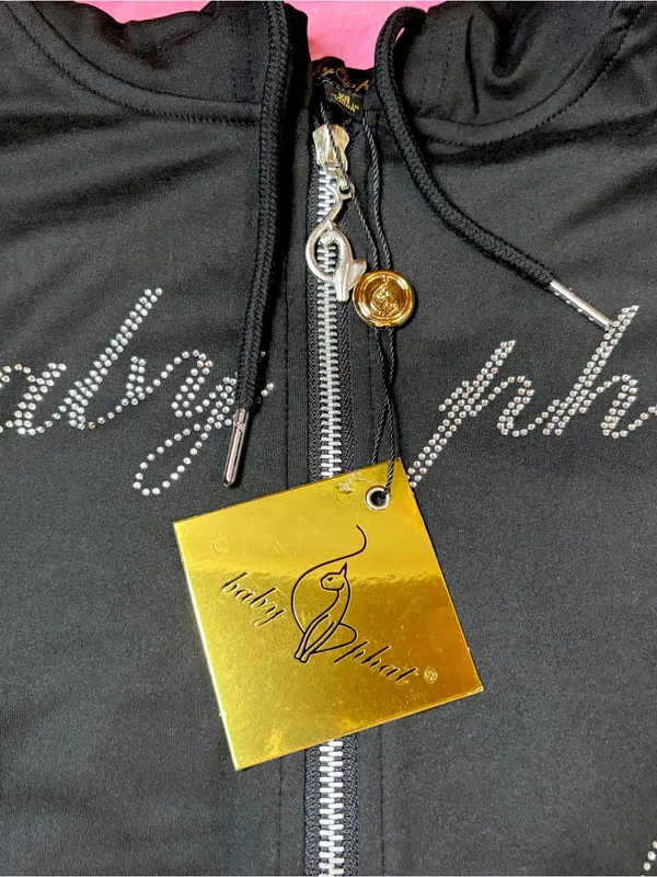 NWT Baby Phat Black Rhinestone Logo Cropped Jacket with White Stripes Size XS - Image 4