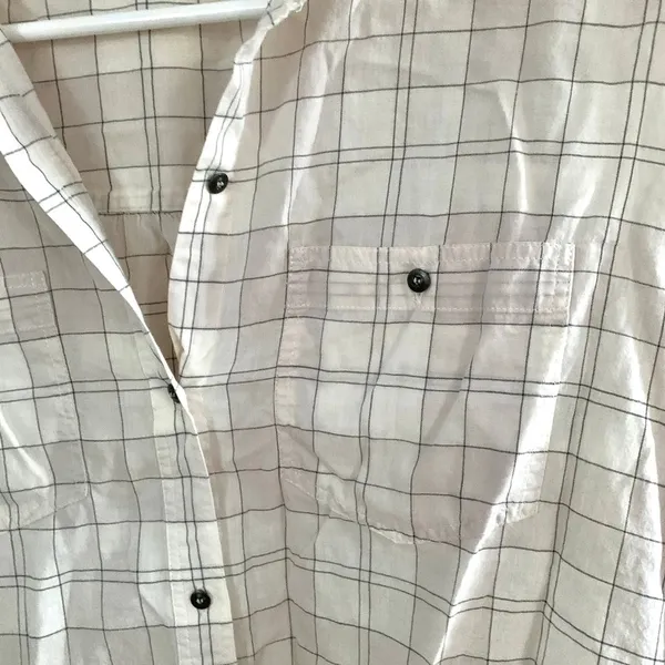 3/$15 Eliot 100% Cotton Windowpane Grid Button Down Blouse in White/Grey - Image 2