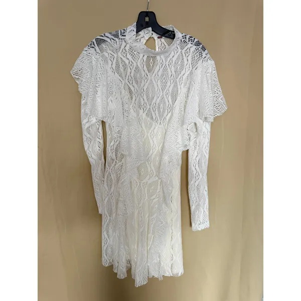 Free People Dress Womens Medium Ivory white‎ rock candy Lace Mock Neck Mini - Image 4