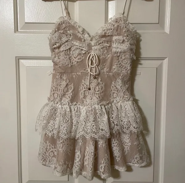 NWT! Angel Biba Chic White Floral Lace Mini Dress Women’s V-Neck Ruffle Size Large - Image 4
