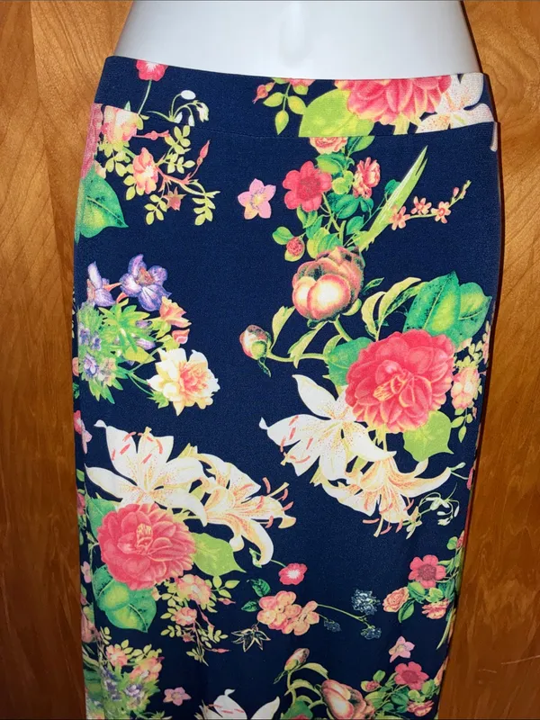 Rafaella Boho Floral Navy Blue, Yellow, Pink, Cream, & Green Midi Skirt - Size - Image 2
