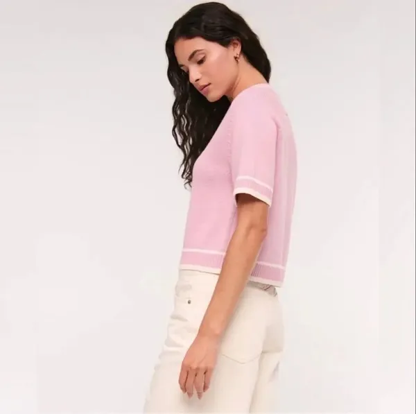 Abercrombie The Madeline Crewneck Knit Boxy Sweater Barbie Pink & White Small #1 - Image 2