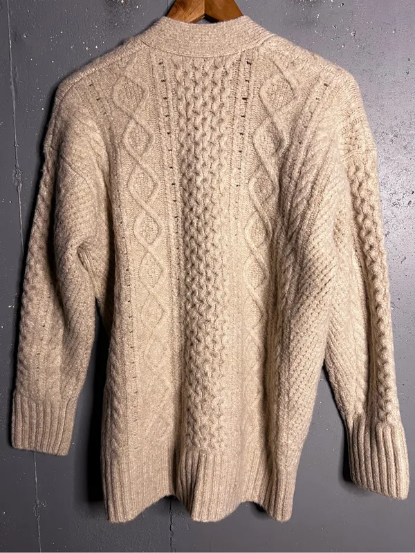 J. Crew Cable-Knit Merino Wool Alpaca Blend Cardigan Sweater Off White. Medium - Image 3