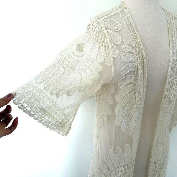 Rebellion Again Ivory Lace Bohemian Floral Mandala Embroidery Kimono Duster S - Image 3