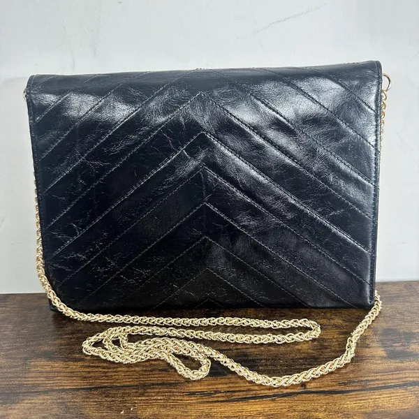Yves Saint Laurent Vintage Clutch Bag Small Envelope Black Chevron Leather - Image 2