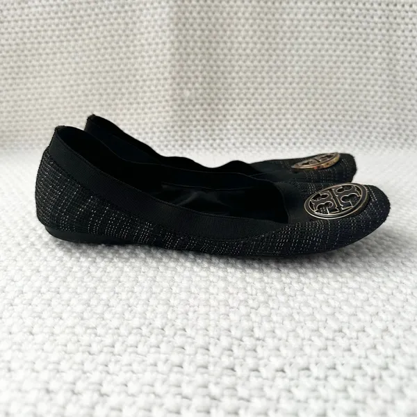 Tory Burch Black Gold Tweed Fabric Caroline Classic Reva Ballet Flats Shoes 6.5 - Image 8