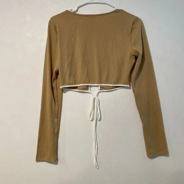 Princess Polly Tan Ribbed Long Sleeve Cutout Tie Crop Top Size 8 - Image 3
