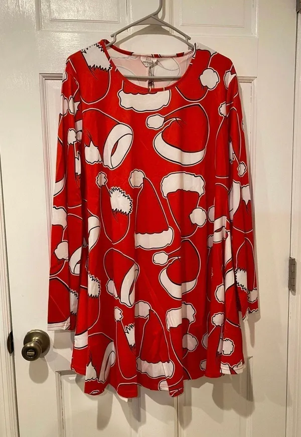 Boutique Meaneor Santa Hats Holiday Long Sleeve Christmas Dress in Red/White - Large NWT - Image 2