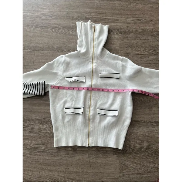 Marc New York Turtleneck Sweater Womens M Ivory White Full Zip Black Stripe Knit - Image 11