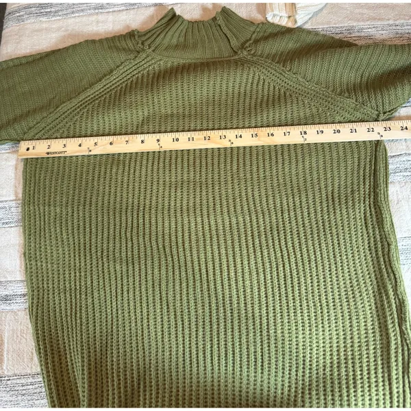 Olive Green Mock Neck Ribbed Knit Sweater Dress Long Sleeve Raglan L - Image 4