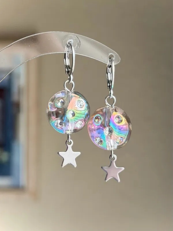 Handmade round beads & star y2k cute whimsical dangle earrings⭐️ - Image 3
