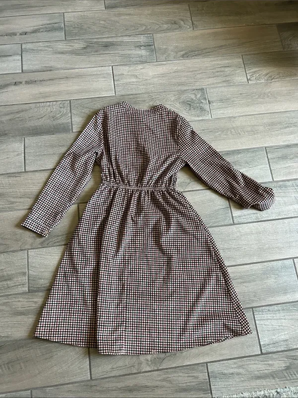 GOUGOU Brown and White Gingham Long Sleeve Midi Dress with Buttons - Image 6