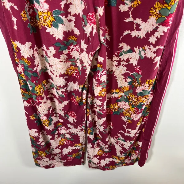 Ettitwa Anthropologie Burgundy Floral Wide Leg Pants Side Stripe‎ XS Boho Beach - Image 9
