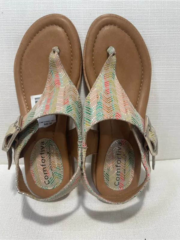 COMFORTIVA Women's Size 6.5 DAFNEY Leather Thong Sandal GREEN/MULTI - Image 4