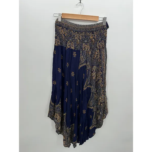 Boho Indie Sleeze Navy Blue Paisley Smocked Waist Handkerchief Hem Skirt L/XL - Image 4