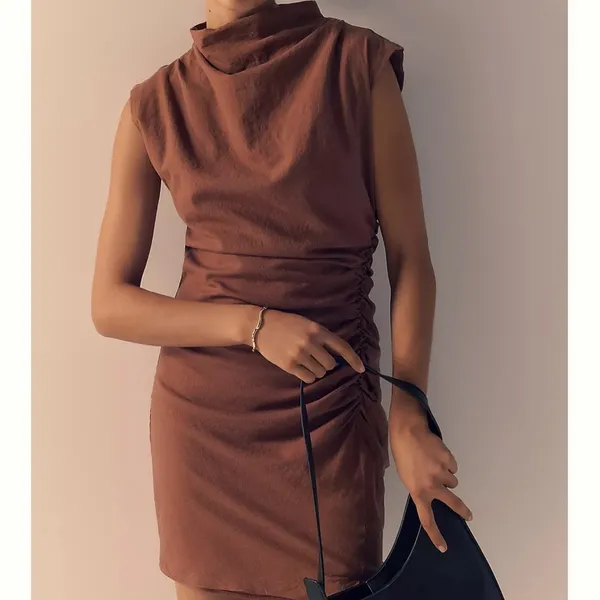 Anthropologie The Maya Linen Blend Ruched Dress Brown Size Small - Image 2