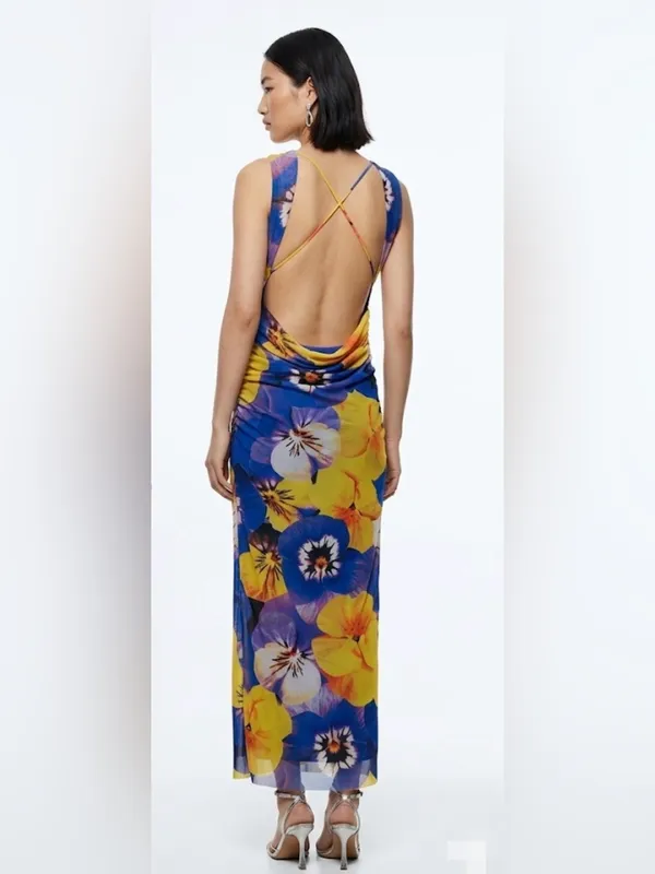 Zara Vibrant Floral Print Mesh Maxi Dress Criss Cross Open Back S - Image 2
