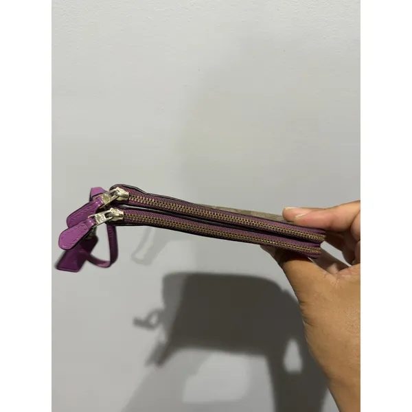 Coach Double Zip Large Wristlet Khaki /purple Signature P - Image 3