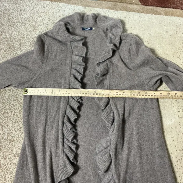 Magaschoni Ruffle Trim Cashmere‎ Cardigan Womens Brown Open Front Knit Hole - Image 4