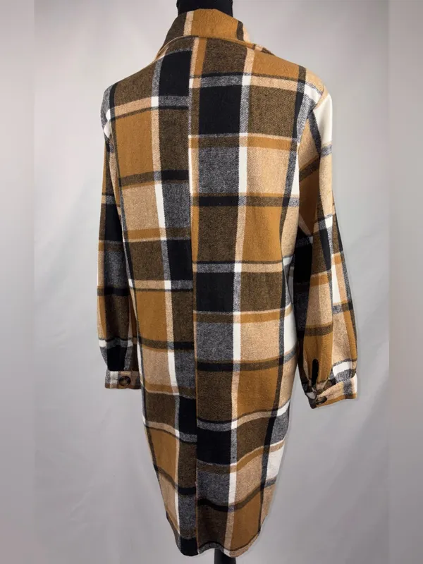 SheIn Plaid Long Coat/Jacket Shirt Camel Black White Plaid - Image 5