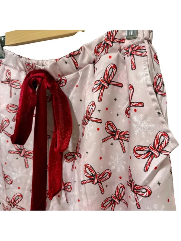Simply Southern Candycane Bow Christmas Pajama Set Pink Satin XL Holiday PJs NWT - Image 7
