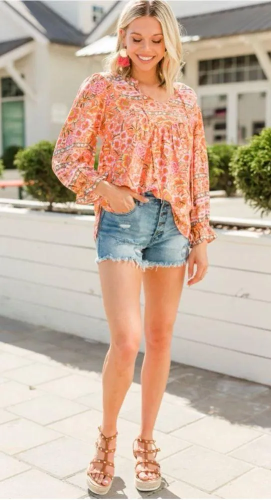 Umgee tangerine orange mix print floral top size M - Image 7