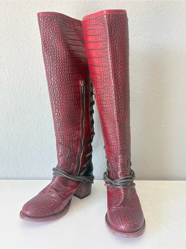 Freebird Coal Red Croco Leather Knee High Boots Zip Lace Up Women’s Size 7 - Image 3